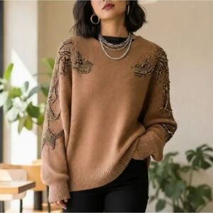Beautiful Wool Bead Embellished Tan Sweater
